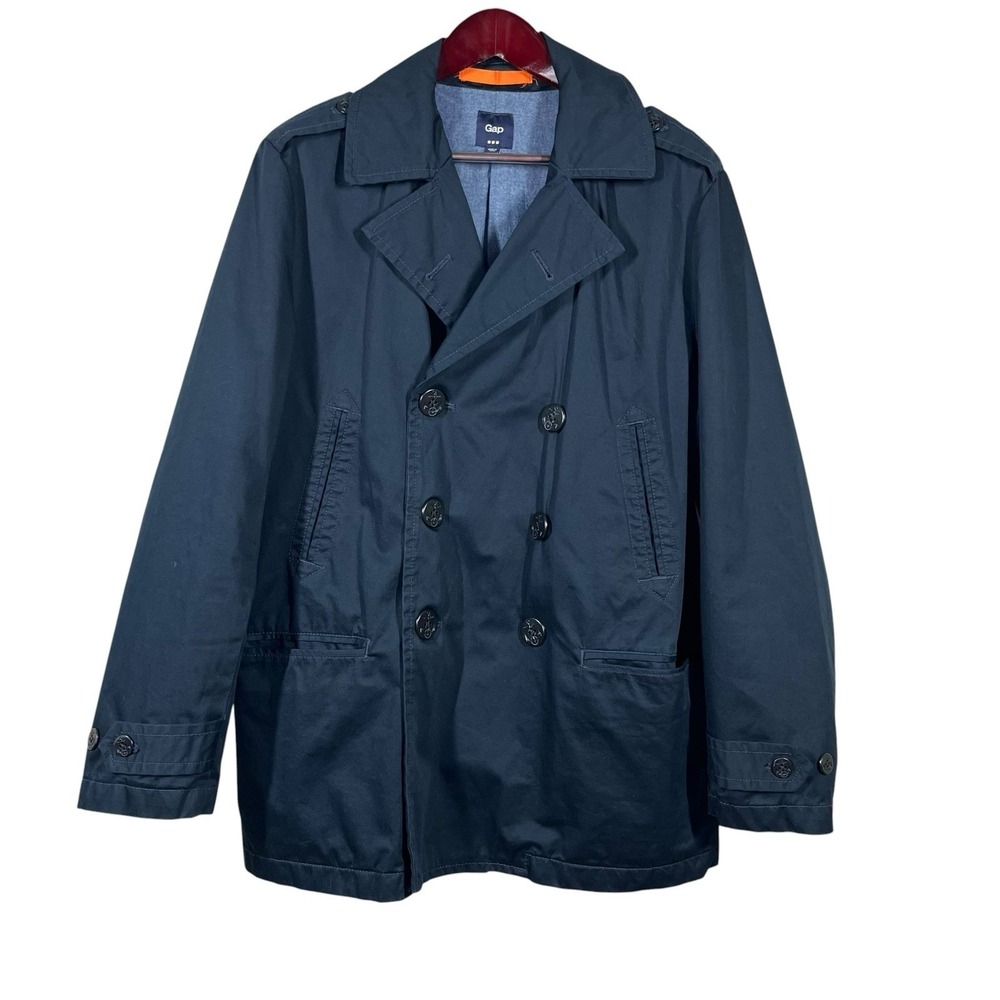 Gap Wax Cotton Peacoat Mens M Navy Chin Strap Double Breasted 293591